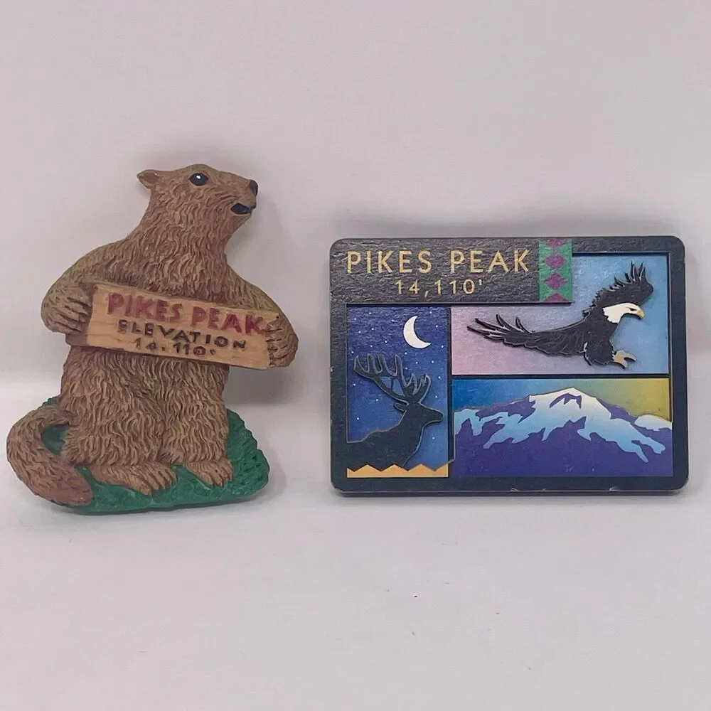 Lot of 2 Vintage Pikes Peak Colorado CO Magnets Marmot Eagle Elk Elevation 14110